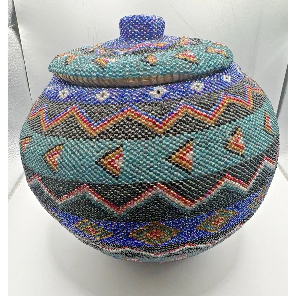 Indonesian Hand Beaded Woven Folk Art Blue Green Geometric Design Basket Lid 7